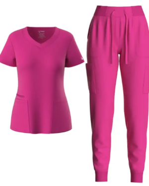 Two-Piece Solid Color Scrub Set - V Neck Short Sleeve Top & Drawstring Pants Outfit